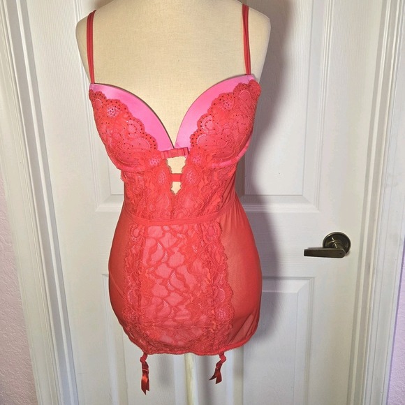 Victoria's Secret Other - Victoria's Secret Red And Pink Lace Mesh Garter Corset Bustier Size 36D Lingerie